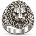 Product photo of a silver lion-head ring