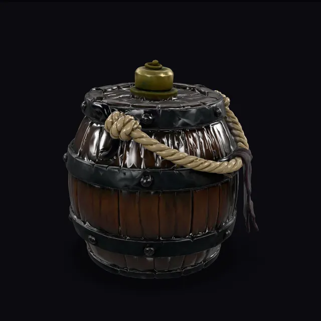 Textured 3D model of an old wooden barrel wrapped in rope