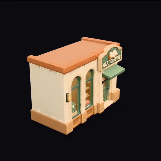 Textured 3D model of a small stylised bookshop building