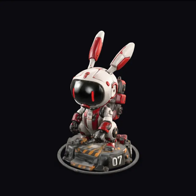 Textured 3D model of a white and red rabbit-eared mech figurine on a hazard-striped base