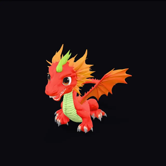 Textured 3D model of a cartoon red dragon with orange wings