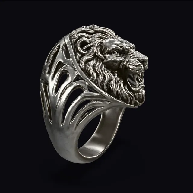 3D model of a silver ring with a roaring lion head