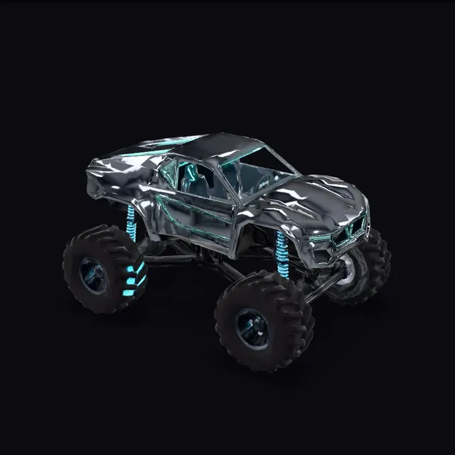 Textured 3D model of a dark monster truck with oversized tyres