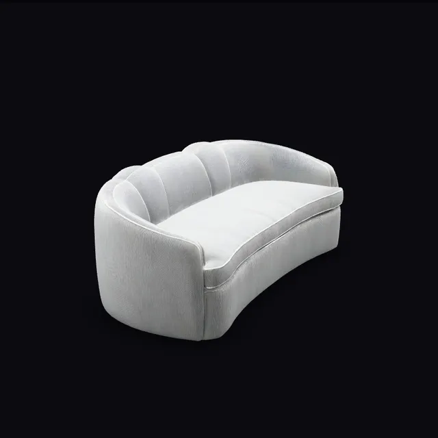 3D model of a curved grey velvet sofa